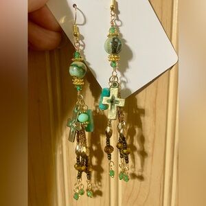 Gold and Green Beaded Charms Earrings